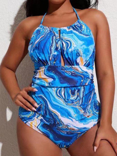 Plus Size Allover Print Halter One-piece Swimsuit Padded Cut Out Modest Swinwear