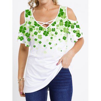 

Four Leaves Print Cold Shoulder T-shirt V Neck Crisscross Short Sleeve Tee, Light green