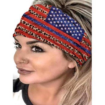 

American Flag Star Striped Leopard Print Ethnic Wide Headband, Red