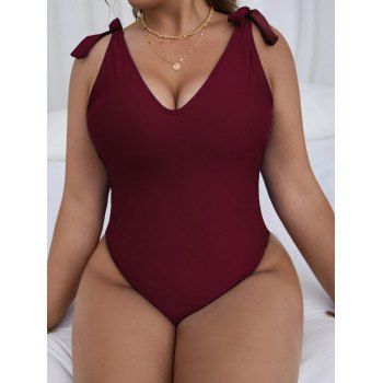 

Plus Size Solid Color One-piece Swimsuit Bowknot Shoulder Straps Padded Beach Swimwear, Deep red