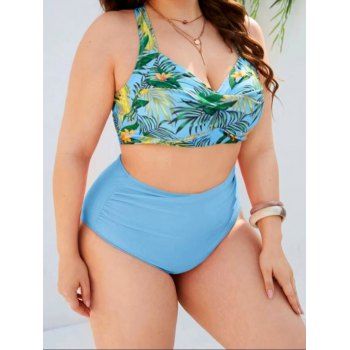 

Plus Size Vacation Bikini Swimsuit Tropical Leaf Flower Print Crossover Bikini Two Piece Swimwear Ruched High Waist Bathing Costume, Light blue