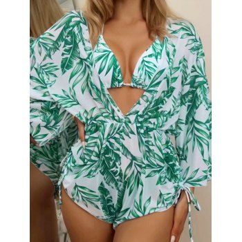 

Tropical Leaf Print Vacation Halter Triangle Bikini Swimsuit With Low Cut Cinched Mesh One-piece Cover-up, Green