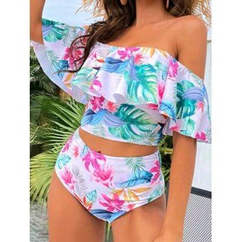 

Off The Shoulder Vacation Tankini Swimsuit Tropical Flower Leaf Print Flounce Tankini Swimwear Padded High Waist Bathing Suit, Multicolor a