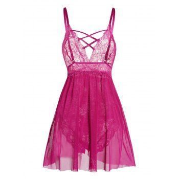 

Plus Size Flower Lace Panel Sheer One-piece Lingerie Set Adjustable Straps See Thru Mesh Lingerie Set, Light pink