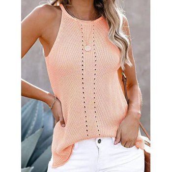 

Hollow Out Tank Top Solid Color Round Neck Casual Knit Tank Top, Light coffee