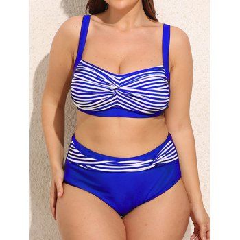 

Plus Size Contrasting Stripe Print Bikini Swimsuit Twisted Padded Bikini Two Piece Swimwear High Waist Bathing Suit, Deep blue