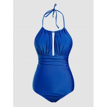 

Plus Size Solid Color Halter One-piece Swimsuit Backless Cut Out Beach Swimwear, Deep blue
