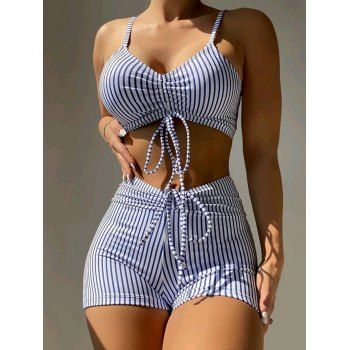 

Allover Vertical Stripe Print Bikini Swimsuit Cinched Boyleg Bikini Swimsuit Adjustable Strap Bathing Suit, Blue