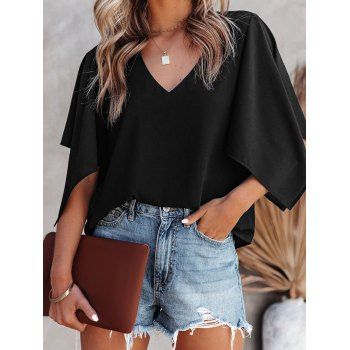 

Plain Color Blouse V Neck Slit Sleeve Casual Top, Black