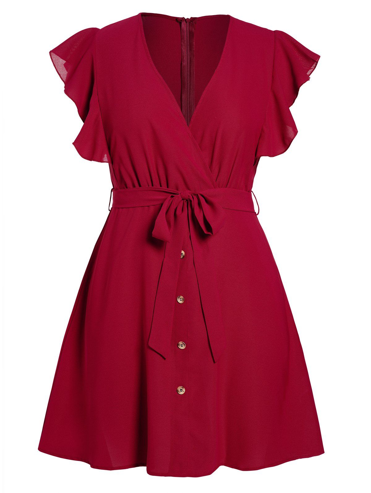 Plus Size Dress Surplice Belted High Waisted Mock Button Plunging Neck Flare Sleeve A Line Mini Dress - DEEP RED 4XL