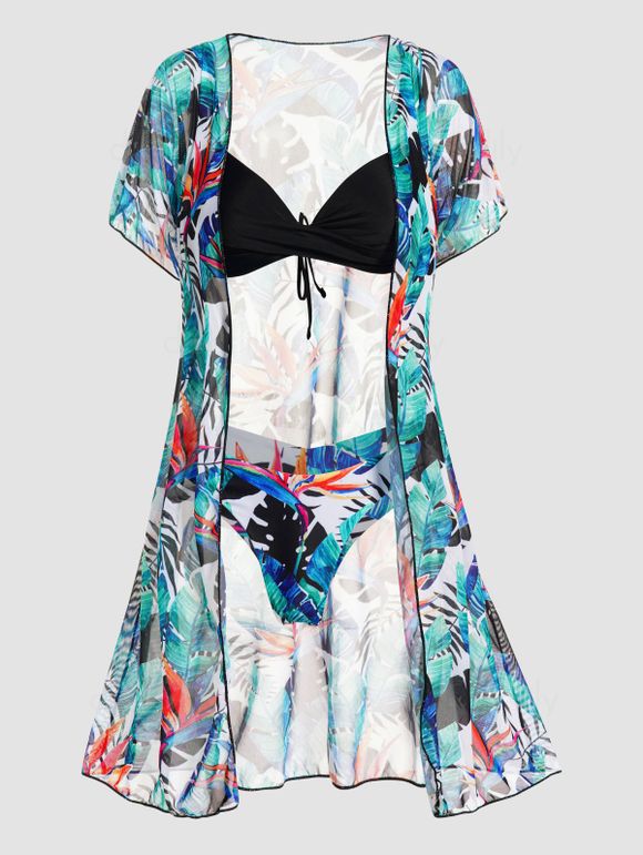 Ensemble de Bikini de Bain Croisé à Imprimé Feuille Tropicale en Maille à Armature 3 Pièces de Swimwear - multicolor XL