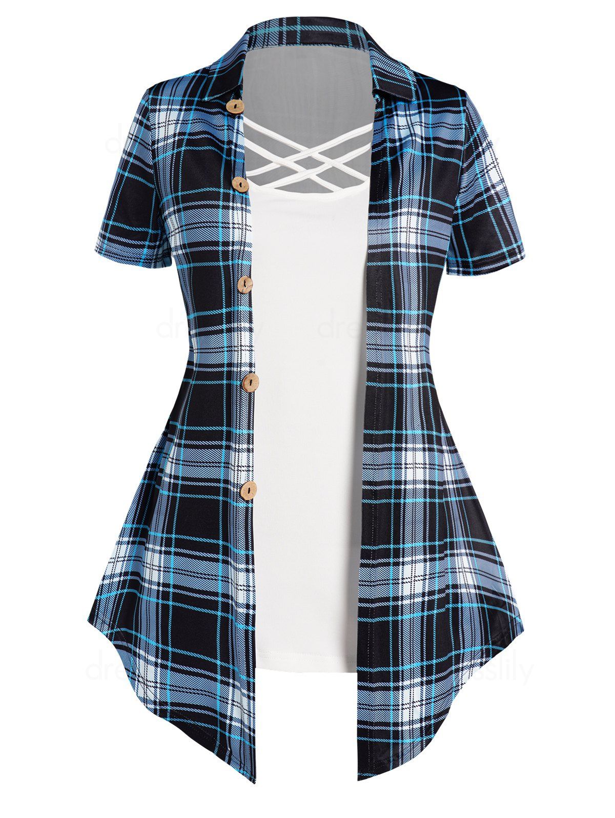 Casual Faux Twinset T Shirt Crisscross Plaid Print Mock Button Turn Down Collar Summer Tee - LIGHT BLUE XXXL