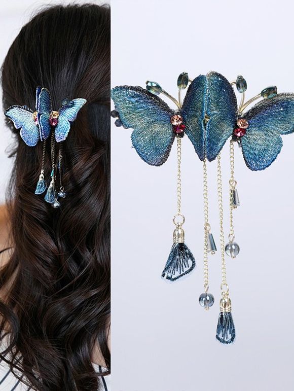 Pince à Cheveux Tendance Motif Papillon Coloré en Strass et Pompons - Bleu 
