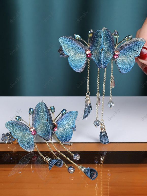 Pince à Cheveux Tendance Motif Papillon Coloré en Strass et Pompons - Bleu 