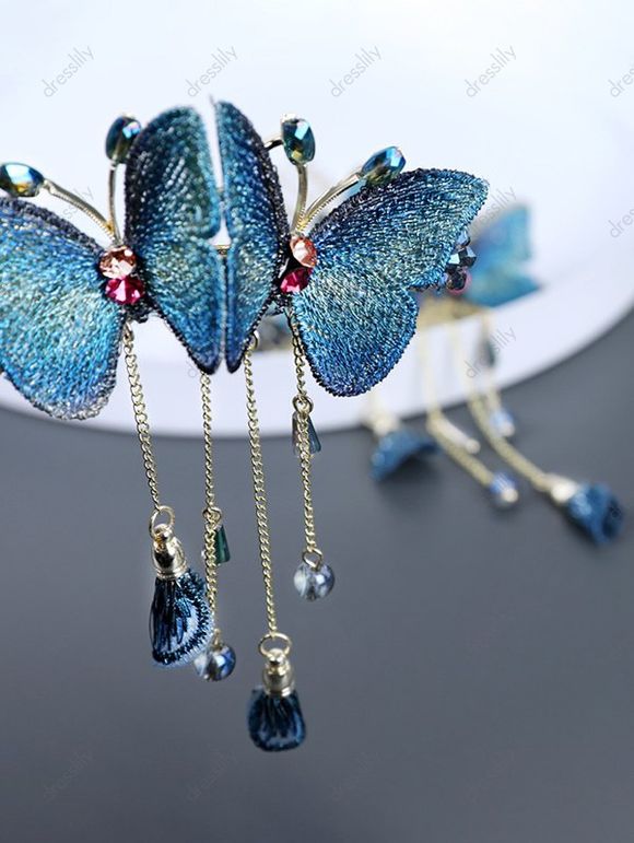 Pince à Cheveux Tendance Motif Papillon Coloré en Strass et Pompons - Bleu 