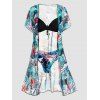 Ensemble de Bikini de Bain Croisé à Imprimé Feuille Tropicale en Maille à Armature 3 Pièces de Swimwear - multicolor XL
