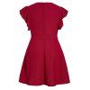 Plus Size Dress Surplice Belted High Waisted Mock Button Plunging Neck Flare Sleeve A Line Mini Dress - DEEP RED 4XL