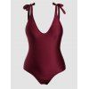 Plus Size Solid Color One-piece Swimsuit Bowknot Shoulder Straps Padded Beach Swimwear - DEEP RED 3XL