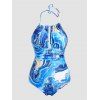 Plus Size Allover Print Halter One-piece Swimsuit Padded Cut Out Modest Swinwear - BLUE 2XL