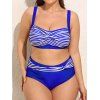 Plus Size Contrasting Stripe Print Bikini Swimsuit Twisted Padded Bikini Two Piece Swimwear High Waist Bathing Suit - DEEP BLUE 2XL