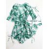 Tropical Leaf Print Vacation Halter Triangle Bikini Swimsuit With Low Cut Cinched Mesh One-piece Cover-up - GREEN XL