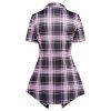 Casual Faux Twinset T Shirt Crisscross Plaid Print Mock Button Turn Down Collar Summer Tee - LIGHT PURPLE XXXL