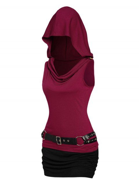 Colorblock Panel Ruched Sleeveless Cowl Neck Hooded Mini Dress With Rivets O Ring Belt