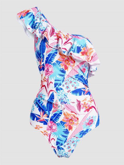 Colored Allover Leaf Flower Print One-piece Swimsuit One Shoulder Swimwear Ruffle Padded Beach Bathing Suit