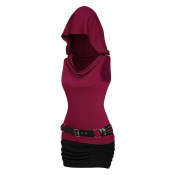 

Colorblock Panel Ruched Sleeveless Cowl Neck Hooded Mini Dress With Rivets O Ring Belt, Red