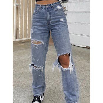 

Destroyed Jeans Light Wash Zipper Fly Pockets High Waisted Straight Ripped Denim Pants, Blue