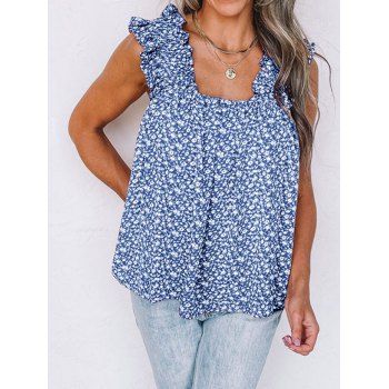 

Allover Ditsy Flower Print Tank Top Ruffle Wide Strap Casual Tank Top, Deep blue