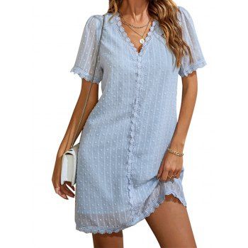 

Swiss Dots Chiffon Dress Striped Lace Insert V Neck Short Sleeve Straight Mini Dress, Light blue