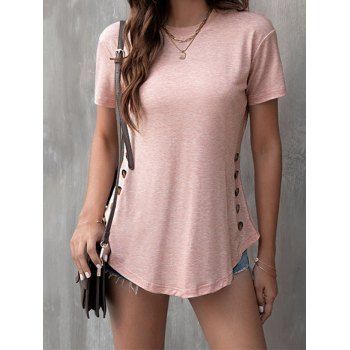 

Heather T Shirt Mock Button Curve Hem Round Neck Short Sleeve Casual Tee, Light pink