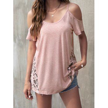

Cold Shoulder T Shirt Heather Sheer Lace Panel Short Sleeve Casual Tee, Light pink