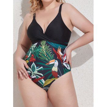 

Plus Size Tropical Flower Leaf Bird Print One-piece Swimsuit Crossover Adjustable Straps Bathing Suit, Black