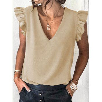 

Plain Color Ruffle Hem Cap Sleeve Blouse V Neck Casual Blouse, Light coffee