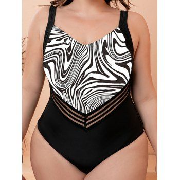 

Plus Size Sheer Stripe Printed One-piece Swimsuit Padded Adjustable Straps Modest Swimsuit, Black