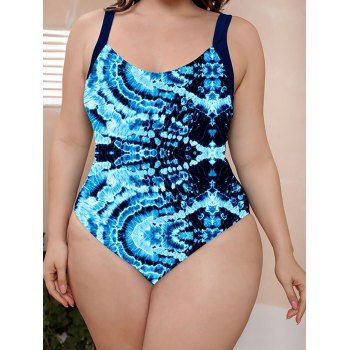 

Plus Size Tie Dye Print One-piece Swimsuit Padded Adjustable Straps Modest Swimsuit, Deep blue