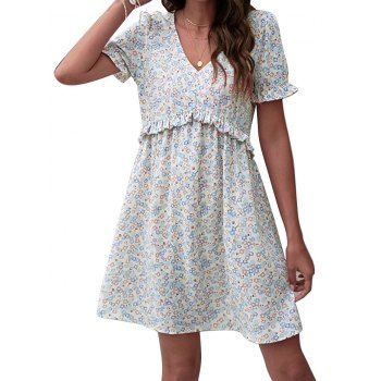 

Allover Colored Ditsy Flower Print Dress Vacation Dress Ruffle High Waisted A Line Mini Chiffon Dress, Multicolor