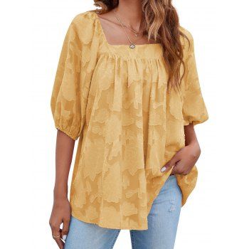 

Jacquard Blouse Square Neck Plain Color Half Sleeve Casual Blouse, Yellow