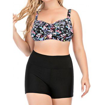 

Plus Size Colorful Floral Print Bikini Swimsuit Padded Adjustable Straps Bikini Two Piece Swimwear Boyleg Bathing Suit, Black