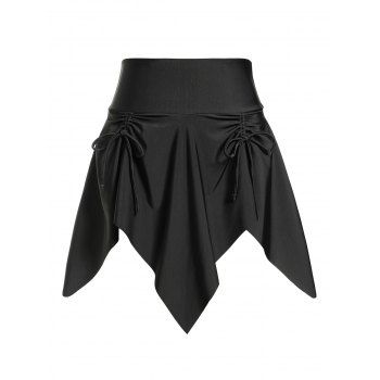 

Asymmetric Cinched Swim Skorts Solid Color High Waist Handkerchief Swimming Skorts, Black