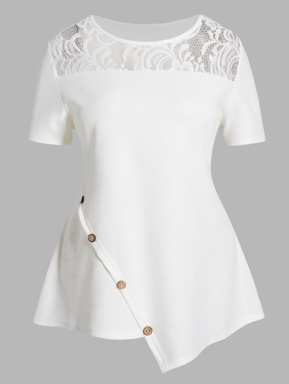 T-shirt Asymétrique Texturé Panneau en Dentelle Transparente à Manches Longues Faux Bouton Grande Taille - Blanc 5X