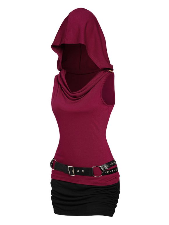 Colorblock Panel Ruched Sleeveless Cowl Neck Hooded Mini Dress With Rivets O Ring Belt - RED XXL
