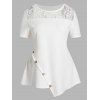 Plus Size Sheer Lace Panel Textured Asymmetric T-shirt Short Sleeve Mock Button Solid Color Tee - WHITE 5X