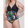 Plus Size Tropical Flower Leaf Bird Print One-piece Swimsuit Crossover Adjustable Straps Bathing Suit - BLACK 4XL