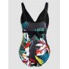Plus Size Tropical Flower Leaf Bird Print One-piece Swimsuit Crossover Adjustable Straps Bathing Suit - BLACK 4XL