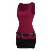 Colorblock Panel Ruched Sleeveless Cowl Neck Hooded Mini Dress With Rivets O Ring Belt - RED XXL