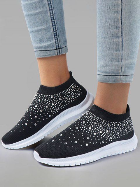 Rhinestone Flat Platform Slip On Knitted Casual Outdoor Shoes