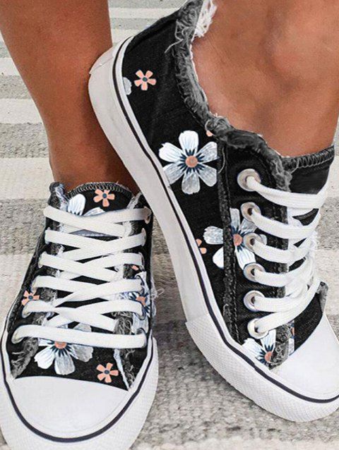 Floral Print Frayed Hem Lace Up Flat Shoes